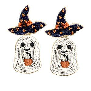 Trick or Treat Seed Beaded Witch Hat Ghost Halloween Theme Earrings